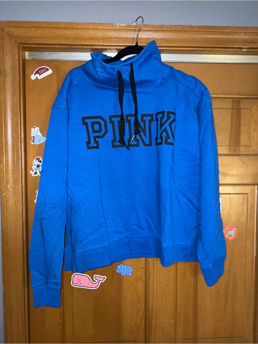 PINK Victoria's Secret Bright Blue Funnel Neck Pullover with Black Logo
